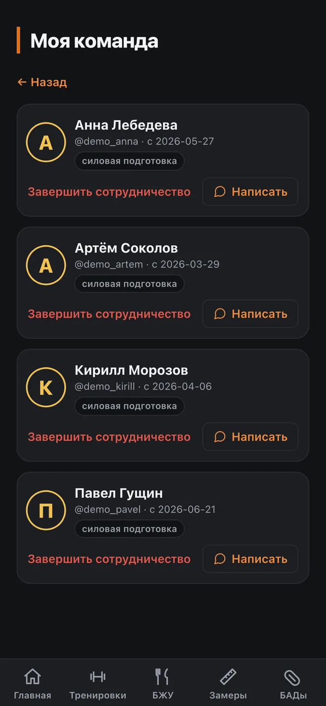 Режим тренера: список спортсменов команды